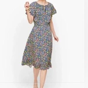Talbots Ditsy Floral Flutter Sleeve Tie Neck Ruffled Hem Multicolor Dress Sz 8P